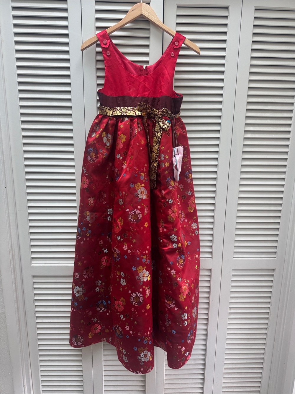 Girls' Red Floral Satin Party Dress with Gold Sash